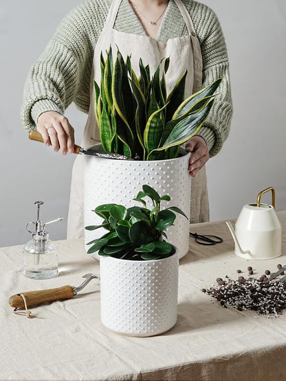 LE TAUCI 10+8+6 Inch Ceramic Pots for Plants, Indoor Planters with Drainage Hole and Plug, Raised Dots Cylinder Flower Pots Set of 3 for Living Room and Bedroom, Matte, White