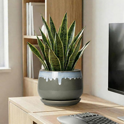 Ceramic Flower Pots - 9 Inch Planters for Indoor Plants, Indoor Planter with Drainage and Saucer, Round Decorative Plant Pots for Plants, Porch Home Decor, Grey-Blue