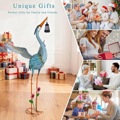 Crane Garden Statue with Solar Lantern,Large Blue Heron Outdoor Staue | Metal Crane Sculpture, Yard Art Decor for Garden, Lawn, Backyard, Porch