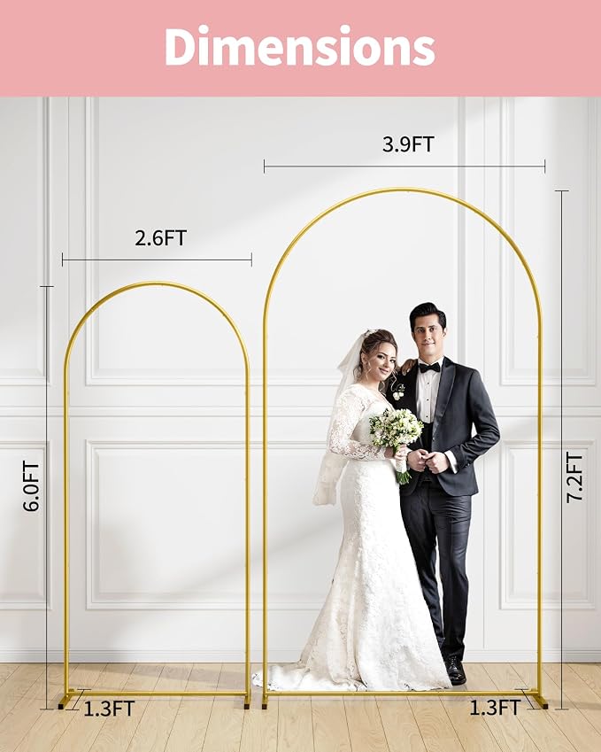 Pureegg Metal Arch Backdrop Stand Set - Set of 2 (7.2ft/6.0ft), Gold Wedding Stand with Stable Base, Elegant Backdrop Cover for Party, Birthday, Baby Shower, Graduation, Easy to Assemble