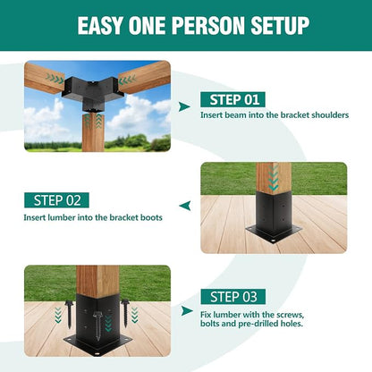 Pergola Brackets, 4 Pack Woodworks Pergola Kit 3-Way Right Angle Corner Bracket with Pergola Post Base for 4x4'' (Actual: 3.5x3.5'') Wood Beams Elevated Wood Stand Kit Pergola/Gazebo Kit