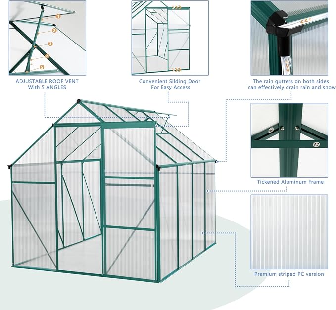 6x8 FT Greenhouse, Walk-in Polycarbonate Greenhouses with Sliding Doors, Aluminum Frame, Adjustable Roof Vent, Raised Base & Anchor, Outdoor Backyard Greenhouse for All Seasons, Green