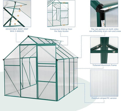 6x8 FT Greenhouse, Walk-in Polycarbonate Greenhouses with Sliding Doors, Aluminum Frame, Adjustable Roof Vent, Raised Base & Anchor, Outdoor Backyard Greenhouse for All Seasons, Green