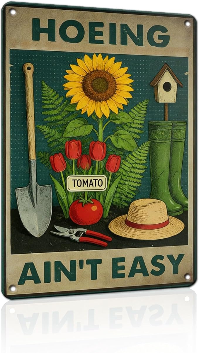 PEACHGARDEN Hoeing Ain't Easy Sign Funny Garden Metal Sign Yard Art Garden Wall Decor Patio Decor for Outdoor Porch Greenhouse Backyard Cabin 8x12 inch