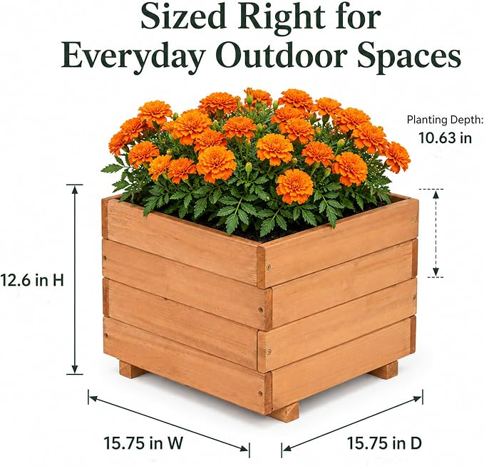 15.75" Square Wooden Planter Box, Fir Wood Planters for Outdoor Plants | 12.6" H Outdoor Planter with 2 Drainage Holes, Mortise & Tenon Corners