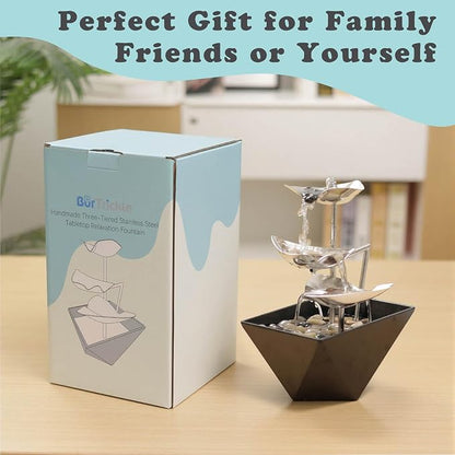 Trilogy Tabletop Fountain with 3-Tier Stainless Steel Waterfall | Handcrafted Design, Adjustable Water Flow & Smart Pump for Modern Home Decor