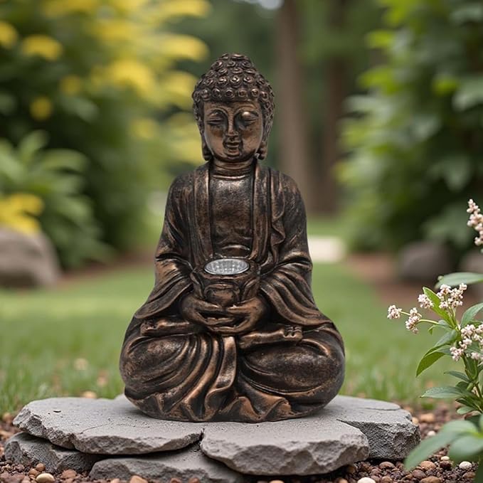 Outdoor Buddha Statues Solar Light: Desk Zen Garden Deor for Outside Patio Home Decoration Meditation Sculpture Room Decor Indoor Meditating Figurine Yard Lawn Ornament
