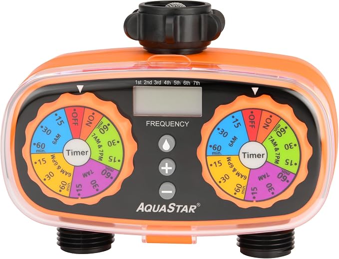 AQUASTAR Two-Zone Hose Watering Timer (Orange), Automatic Irrigation for Lawn, Garden, Yard, Two Outlets