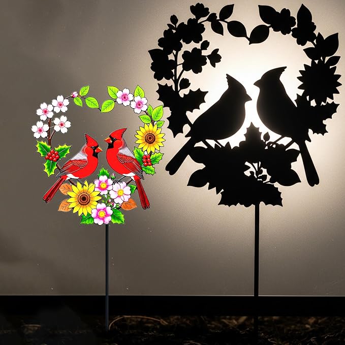 Decorative Garden Stakes Metal Red Cardinal - Heart Shaped Pair of Red Birds with Flowers 24 Inch Colorful Yard Decor, Outdoor Lawn Ornament(Cardinal Couple)