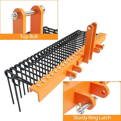 Garvee 60 Inch 3 Point Tractor Rake, Pine Straw Needle Rake | Steel Spring Landscape Rakes Durable Powder Coated Fit for Cat0,Cat1,Cat3 Tractors, Orange