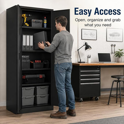 71" Black Metal Storage Cabinet with Lock & Adjustable Shelves - Heavy Duty Garage, Pantry & Office Cabinet with Adjustable Feet, 4 Shelves & Doors for Home Organization