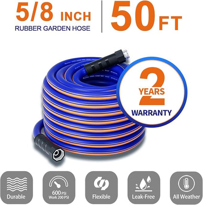 garden hose 50 ft x 5/8Inch, Hybrid Rubber 50 ft water hose, Durable, Anti-UV, Sturdy, No-Leakage, Lightweight, Flexible, Heavy Duty garden hoses with Swivel Handle