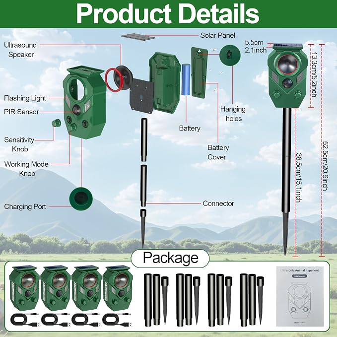 Solar Animal Repellent,Cat Dog Repellent Outdoor,Solar Animal Repeller with Motion Sensor,Waterproof Rabbit Repeller with Flahing Light for Yard Skunks,Raccoon Birds Squirrels Deer-4 Pack