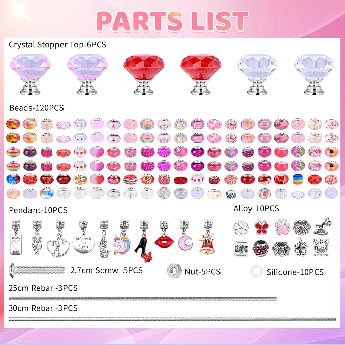 AIPRIDY DIY Crystal Beaded Fairy Wand Garden Stakes Kit, Colorful Decorative Wands with Assembly Guide, 12 or 10 Inch Threaded Rods,Outdoor Garden Decoration Set (174, Pink+Rose+Red+White+Diamond Top)