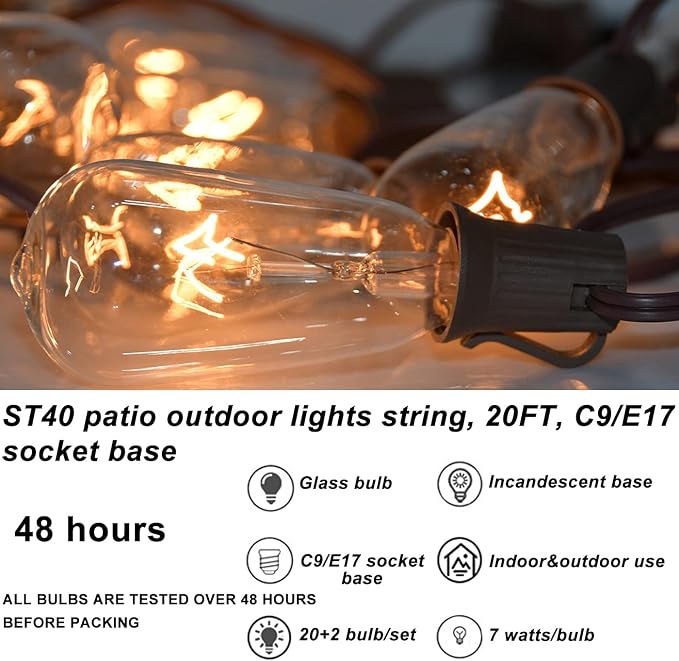 Abeja Outdoor String Lights 20Ft with 20 Vintage Bulbs(2 Spare) ST40 String Lights, Waterproof UL Listed for Patio Garden Backyard Party Decor, 7W, E12 Socket Base, Brown