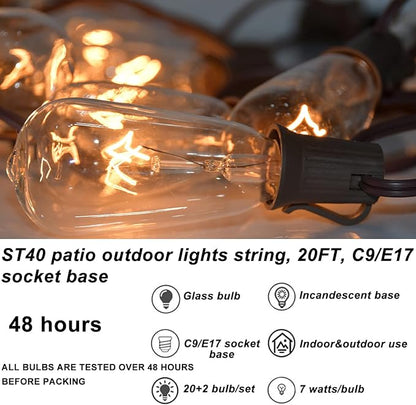 Abeja Outdoor String Lights 20Ft with 20 Vintage Bulbs(2 Spare) ST40 String Lights, Waterproof UL Listed for Patio Garden Backyard Party Decor, 7W, E12 Socket Base, Brown