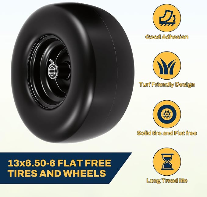 2 PCS 13×6.50-6 Flat Free Lawn Mower Tires and Wheel, Solid Smooth Tread Tire, 13x6.50-6 Zero Turn Mower Front Tires for Commercial Garden Lawn, with 3/4" & 5/8" Bearings, 4"- 8.2" Centered Hub