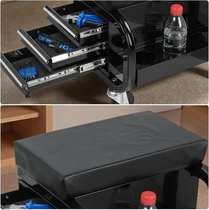 Tool Chest, Rolling Tool Box with 3 Built-in Drawers, 4 360-degree Swivel Casters & Storage Tank, Creeper Garage Cabinets, Work Seat with Builtin Toolbox for Workshop, Warehouse, Black