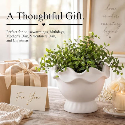 1 Pack White Ceramic Plant Pots Small Rustic Decorative Planter Home Decor Scalloped Modern Flower Planter for Farmhouse Outdoor Garden Indoor Home Decor (6.3in, Novel)