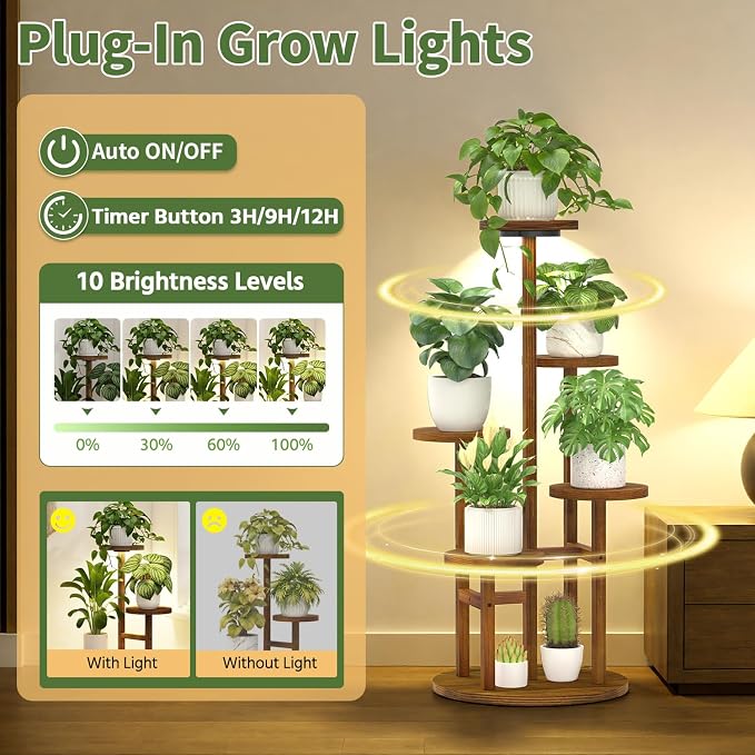 LASZOLA 5 Tiered Wood Plant Stand Indoor Corner with Grow Light, Flower Holder Rack Tall for Multiple Plants, Rustic Planter Shelf Display for Patio Garden Balcony Living Room， Brown
