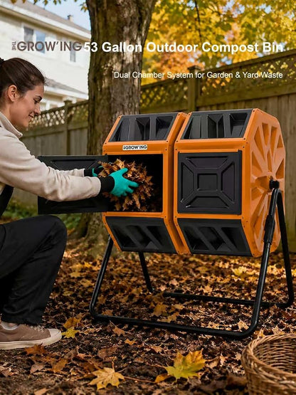 THE Growing 53 Gallon Large Outdoor Compost Bin Tumbler Barrel, Orange | Heavy duty dual 26.5gal sections for bulk yard waste. Reinforced frame adds stability. Easy bolt assembly without washers.