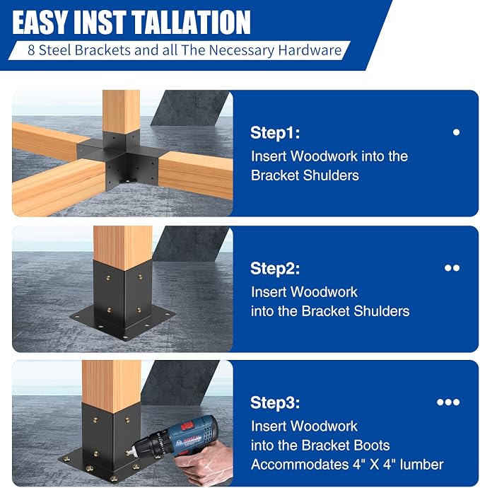 Woodworks Pergola Brackets - Modular Modern Outdoor Pergola Hardware Kit - DIY Elevated Wood Stand - Includes 2 Bracket Shoulders & 2 Boots for 4x4 (Actual: 3.5x3.5 Inch) Lumber