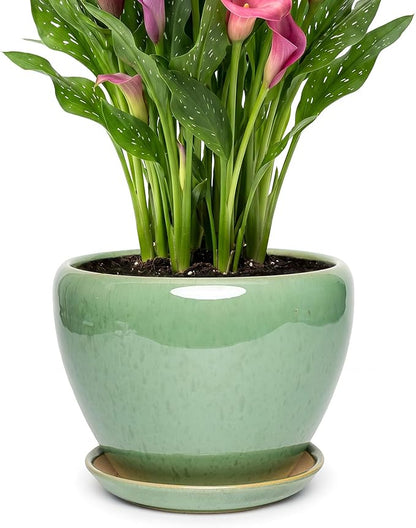9.5 Inch Ceramic Plant Pot with Drainage Hole Mesh Net,Modern Gardening Pots for Indoor Plants with Saucer, Crackle Green