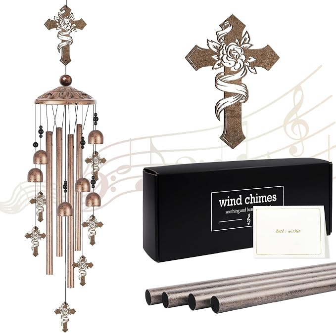 Memorial Wind Chimes for Outside, Cross Windchimes with Rose Design, Sympathy Gifts for Loss of Loved One Bereavement Garden Decor