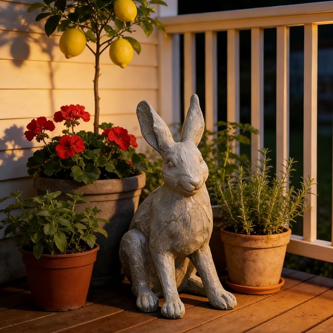 DiliComing Grey Resin Rabbit Garden Statue - 12 Inch Large Garden Statues for Home Yard Decor Garden Statues for Outside Balcony Bunny Decor for Garden Gifts