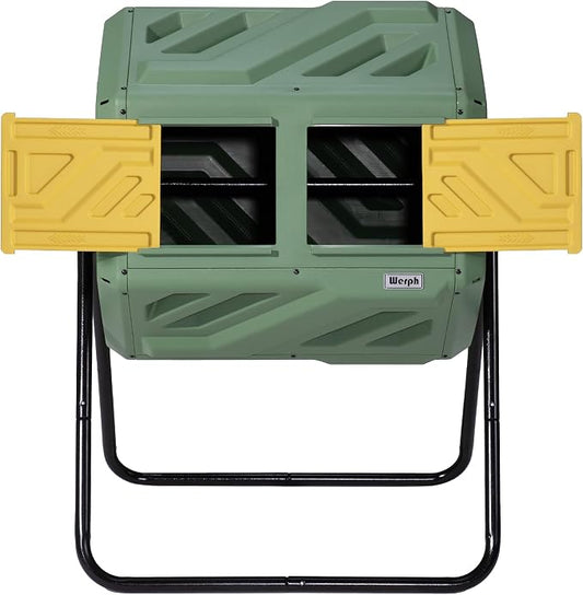 Werph 43 Gal Outdoor Compost Bin for Garden & Kitchen Waste, Grass Green | Fast Assembly, Dual Chamber with Aeration System, 360° Rotating, Tumbling Composting Bin for Kitchen, Garden, Yard