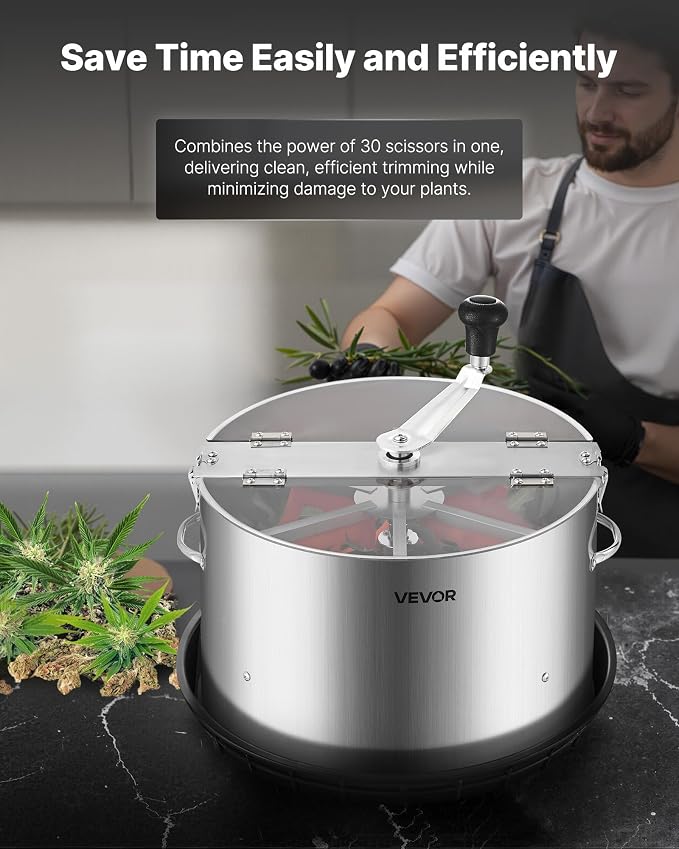VEVOR Manual Bud Leaf Trimmer, 16 in Reaper Bowl Bud Trimmer with Stainless Steel Blades, Visual Cutting, Wet & Dry Hydroponic Cutting Machine with Tray, Twisted Spin Cut for Plant Buds Flowers