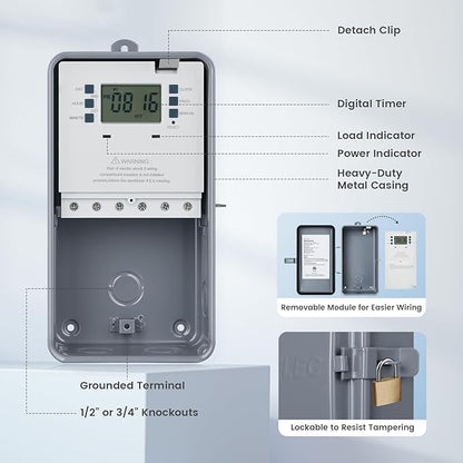 Suraielec Pool Timer, 7-Day 24-Hour Digital Pool Pump Timer, 40 AMP Heavy Duty, 120/240/277 VAC, Outdoor Metal Casing, Electric Switch Box for Swimming Pump, Hot Water Heater, Spa, Lights
