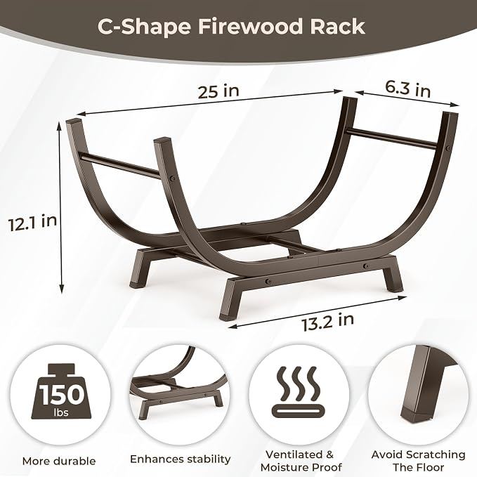 Firewood Rack - 25 inch Outdoor Indoor Metal Firewood Holder With Thickened Trapezoid Base-Double Coated Waterproof Rustproof Fireplace Firewood Stand, Bronze