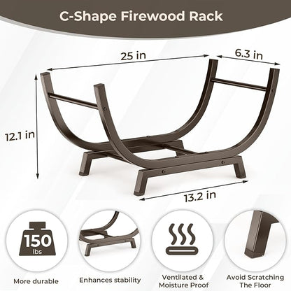 Firewood Rack - 25 inch Outdoor Indoor Metal Firewood Holder With Thickened Trapezoid Base-Double Coated Waterproof Rustproof Fireplace Firewood Stand, Bronze