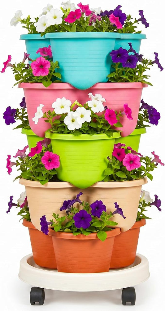 VECELO 5 Tier Vertical Garden Planter, Self Watering Stackable Planters with Wheels for Strawberries, Herbs, Flowers, Vegetables, Multicolor