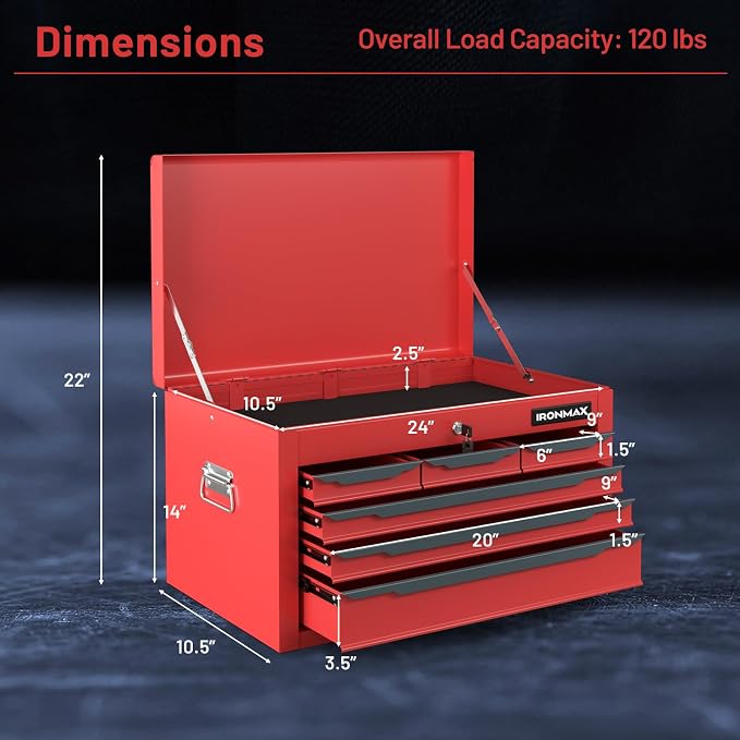 Goplus Tool Box, 24” Steel Tool Chest w/6 Drawers, Top Tool Tray,Automatic Lock, Protective Liners, Handle, Smooth Ball Bearing Sides, Portable Tool Storage Organizer, Toolbox for Garage Workshop