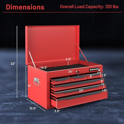 Goplus Tool Box, 24” Steel Tool Chest w/6 Drawers, Top Tool Tray,Automatic Lock, Protective Liners, Handle, Smooth Ball Bearing Sides, Portable Tool Storage Organizer, Toolbox for Garage Workshop