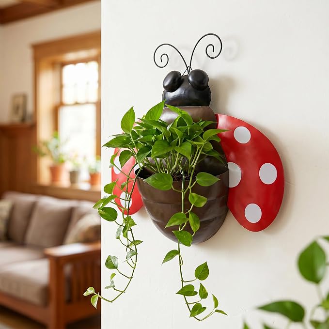 Ladybug Metal Wall Planter, Wall Mount Hanging Succulent Pot with Drainage | Cute farmhouse ladybug wall mount pot with drainage hole, garden decor for yard, indoor & outdoor succulent wall container.