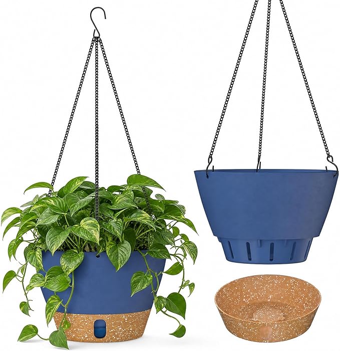 ZMTECH 2 Pack 8 Inch Hanging Baskets for Plants Outdoor Indoor, Modern Blue Planters with Water Level Window & Metal Chain for Balcony Patio Garden Home Decor