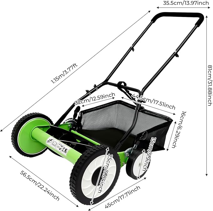 Manual Reel Lawn Mower, 16 Inch 5-Blade Cordless Push Mower with Adjustable Cutting Height and Grass Catcher for Yard, Garden