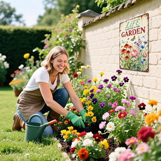 Vintage GardeningMetal Tin Sign Life Is Better In The Garden Wall Art for Outdoor Garden Botanical Wall Decor