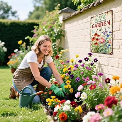 Vintage GardeningMetal Tin Sign Life Is Better In The Garden Wall Art for Outdoor Garden Botanical Wall Decor
