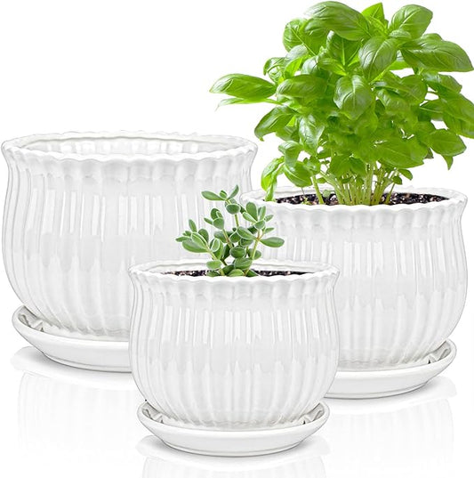 Yesland 3 Pack Ceramic Planter Pots, 3.9"/5.3"/6.7" Modern Round Flower Pots with Drainage Holes & Saucers, Small Indoor Planters for Succulent Cactus, Home Decor Gift