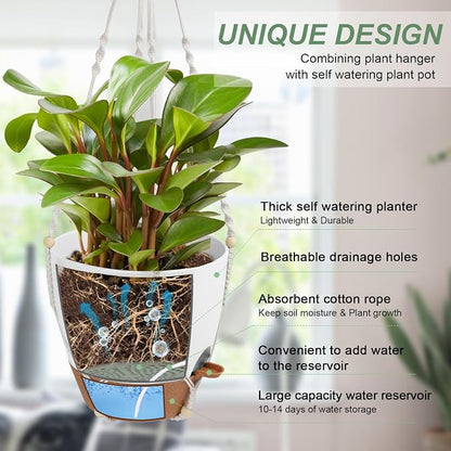 Vanslogreen Hanging Planters for Indoor Outdoor Plants, 12 Inch Self Watering Hanging Pot with Drainage Holes & Removable Tray, Macrame Plant Hanger for Boho Home Decor (Ivory+White)(Ivory+White)