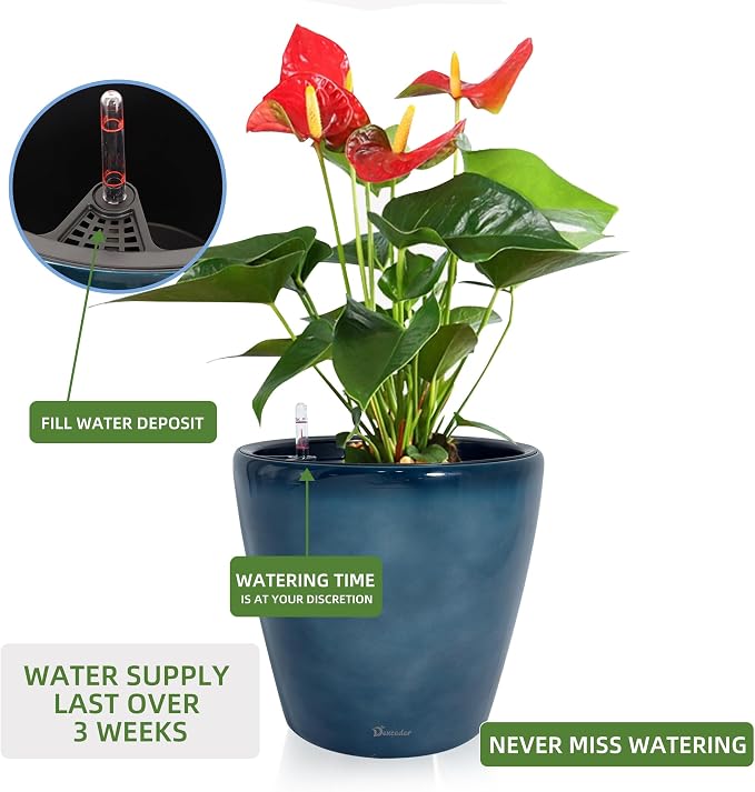 Dexceder 13x12 Self Watering Planter with Wheels (Grayish Green Gradient) | Inner Pot Design, Thickened Large Floor Standing Flower Plant Pot with Water Level Indicator Indoor Outdoor