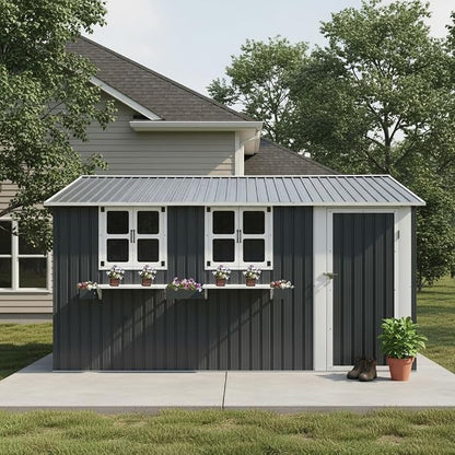 12x10 FT Outdoor Storage Shed,Tool Shed with 3 Openable Windows,Metal Building Backyard Shed w/Windowsill & Decorative Flower Rack,Lockable Single Door,Heavy Duty Waterproof,for Patio,Coal Gray