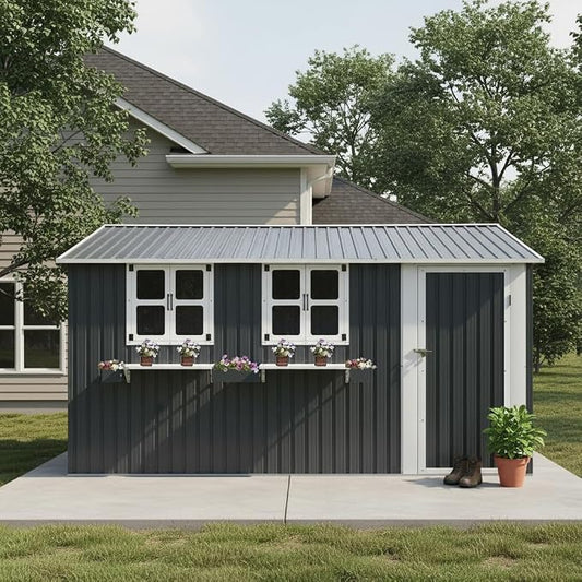12x10 FT Outdoor Storage Shed,Tool Shed with 3 Openable Windows,Metal Building Backyard Shed w/Windowsill & Decorative Flower Rack,Lockable Single Door,Heavy Duty Waterproof,for Patio,Coal Gray