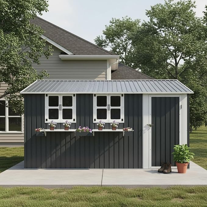 KEIKI 12x10 FT Outdoor Metal Storage Shed with 3 Clear Windows, Lockable Single Door Heavy Duty Steel Tool Shed Bike Storage Rainproof Rust Resistant Windproof for Backyard Patio, Coal Gray