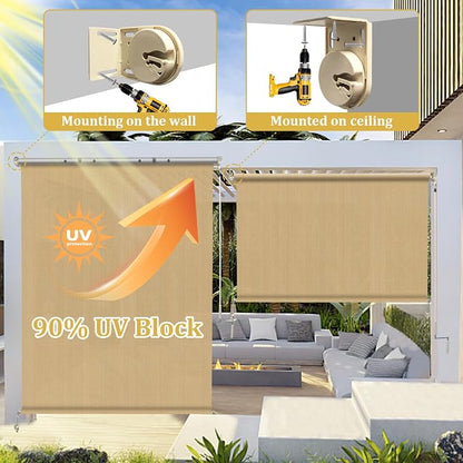 Shade&Beyond Outdoor Roller Shades with Splicing Design, 6' W x 8' H Cordless Patio Roll Up Blinds, Exterior Shade Cloth Roll for Porch, Gazebo, Pergola, Balcony, Wheat