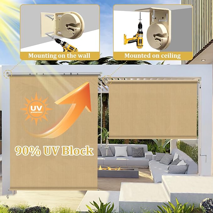 Shade&Beyond Outdoor Roller Shades with Splicing Design, 6' W x 6' H Cordless Patio Roll Up Blinds, Exterior Shade Cloth Roll for Porch, Gazebo, Pergola, Balcony, Wheat